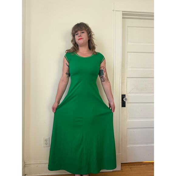 1970s 70s vintage Kelly green maxi dress rhinestones party cocktail gown disco - Picture 5 of 7